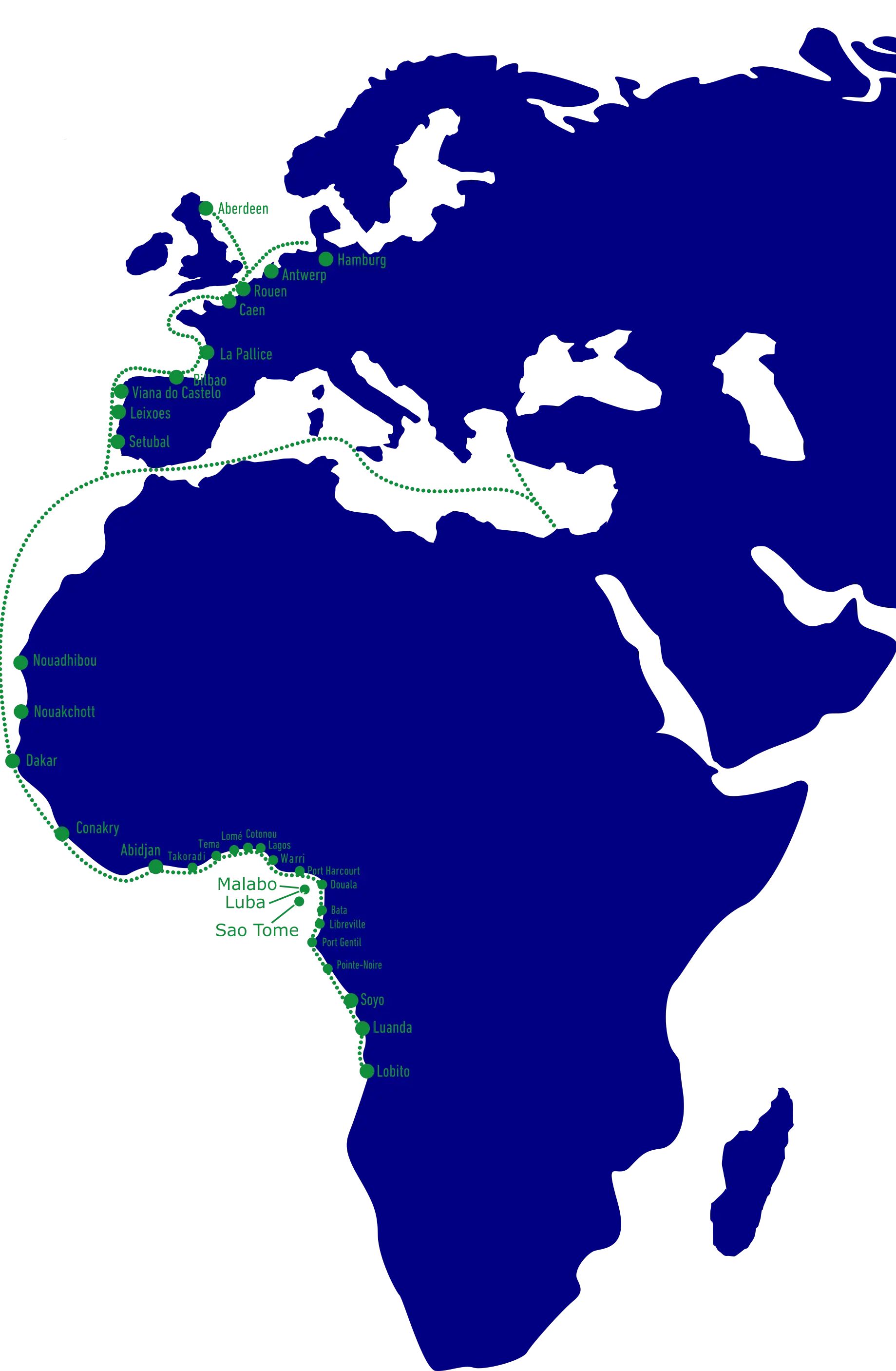 Map from europe and africa with the ports: Aberdeen, Hamburg, Antwerp, Rouen, Caen, La Pallice, Bilbao, Viana dao Castelo, Leixoes, Setubal, Bouadhibou, Nouakchott, Dakar, Conakry, Abidjan, Takoradi, Cotonou, Lagos, Warri, Port Harcourt, Douala, Malabo, Luba, Sao Tome, Bata, Libreville, Port Gentile, Pointe-Noire, Soyo, Luanda, Lobito